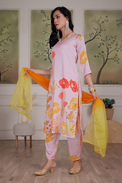 Malaika Silk Pink & White Kurta Set with Dupatta – Elegant Women’s Ethnic Wear