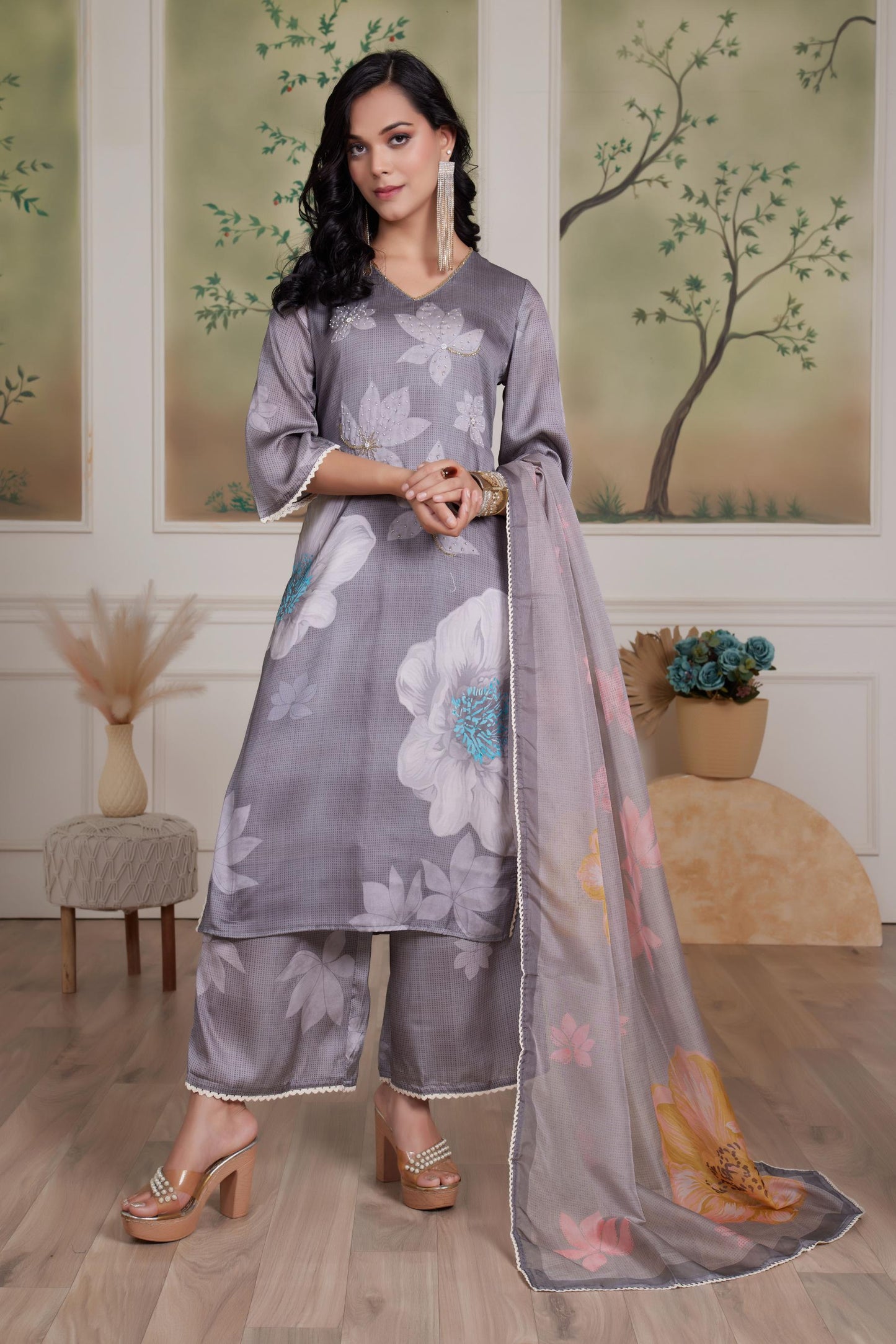 Farida Grey & Red Silk Kurta Set with Dupatta – Elegant Women's Ethnic Ensemble for Festive & Party Wear