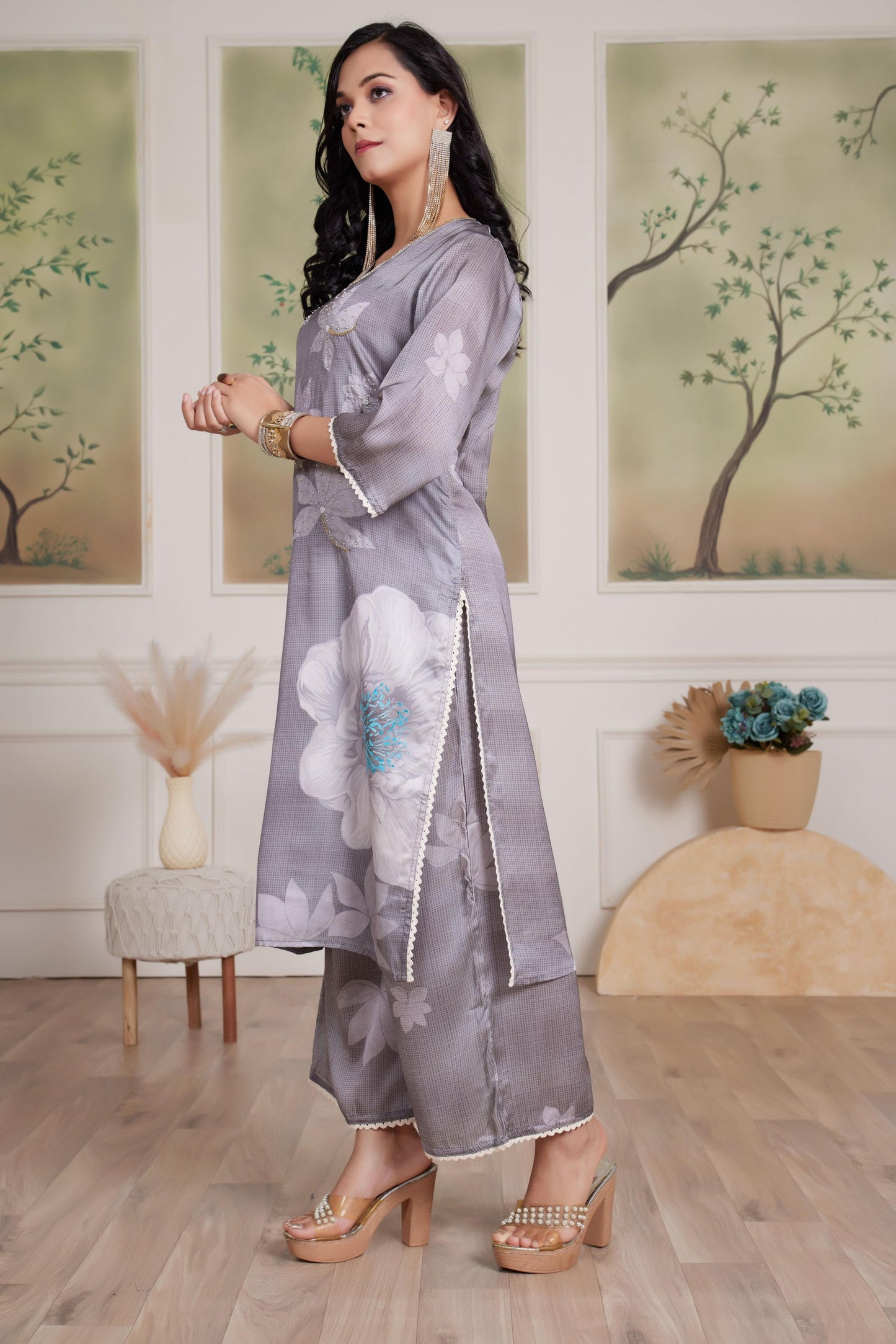 Farida Grey & Red Silk Kurta Set with Dupatta – Elegant Women's Ethnic Ensemble for Festive & Party Wear