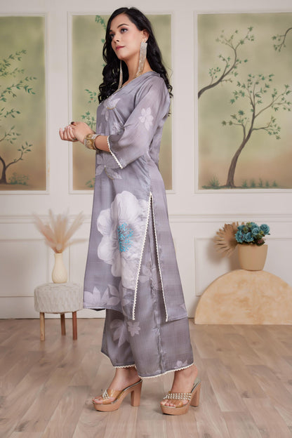 Farida Grey & Red Silk Kurta Set with Dupatta – Elegant Women's Ethnic Ensemble for Festive & Party Wear
