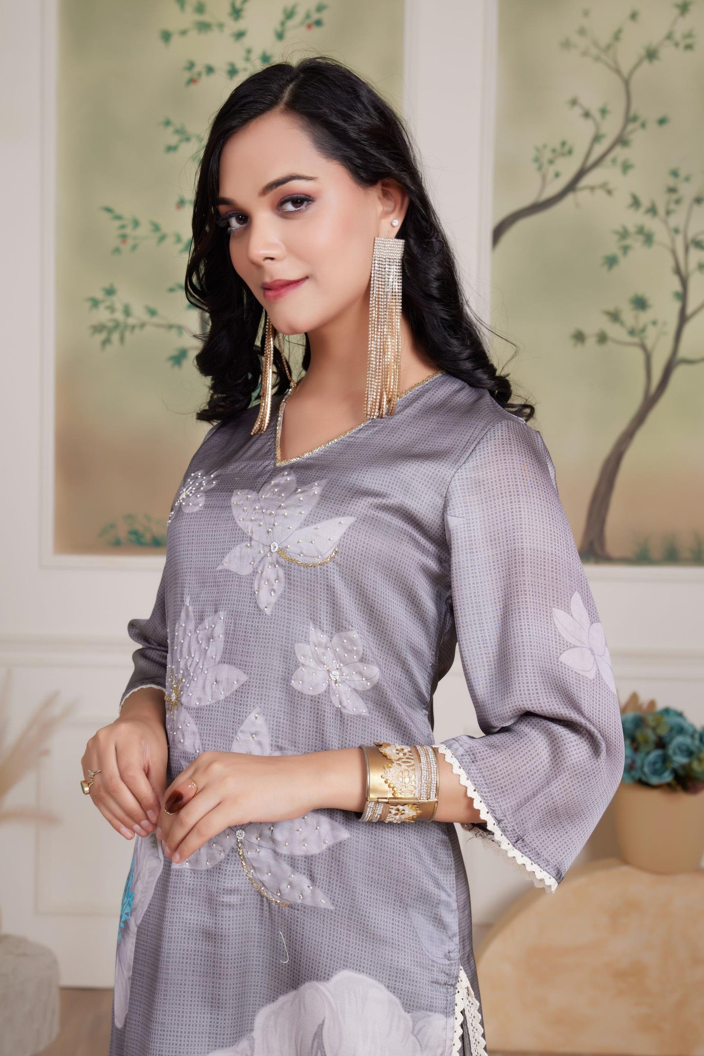 Farida Grey & Red Silk Kurta Set with Dupatta – Elegant Women's Ethnic Ensemble for Festive & Party Wear