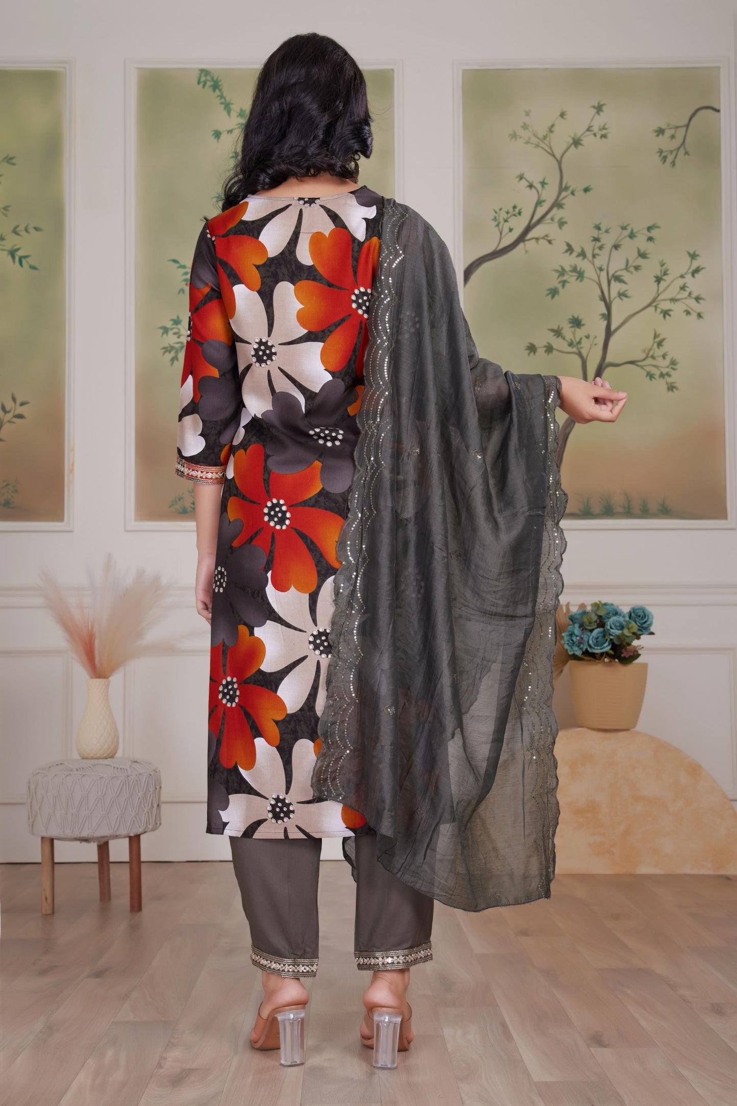 BulBul Roli Floral Printed Red & Grey Rayon Salwar Suit for Women | Elegant Ethnic Wear Set