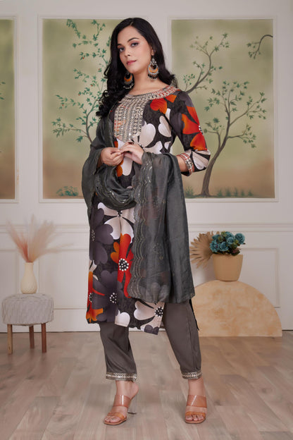 BulBul Roli Floral Printed Red & Grey Rayon Salwar Suit for Women | Elegant Ethnic Wear Set
