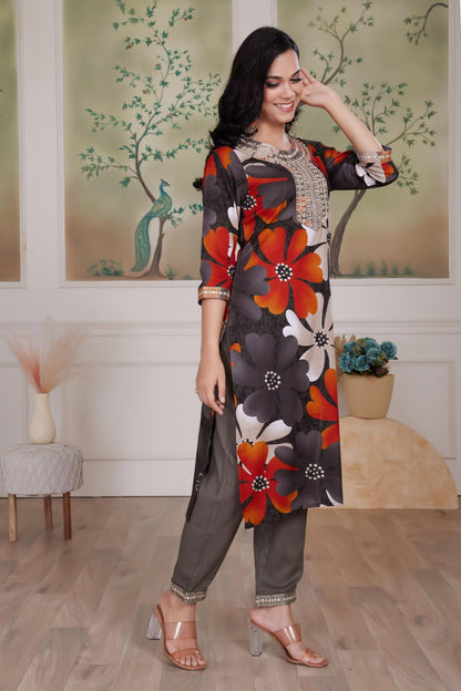BulBul Roli Floral Printed Red & Grey Rayon Salwar Suit for Women | Elegant Ethnic Wear Set