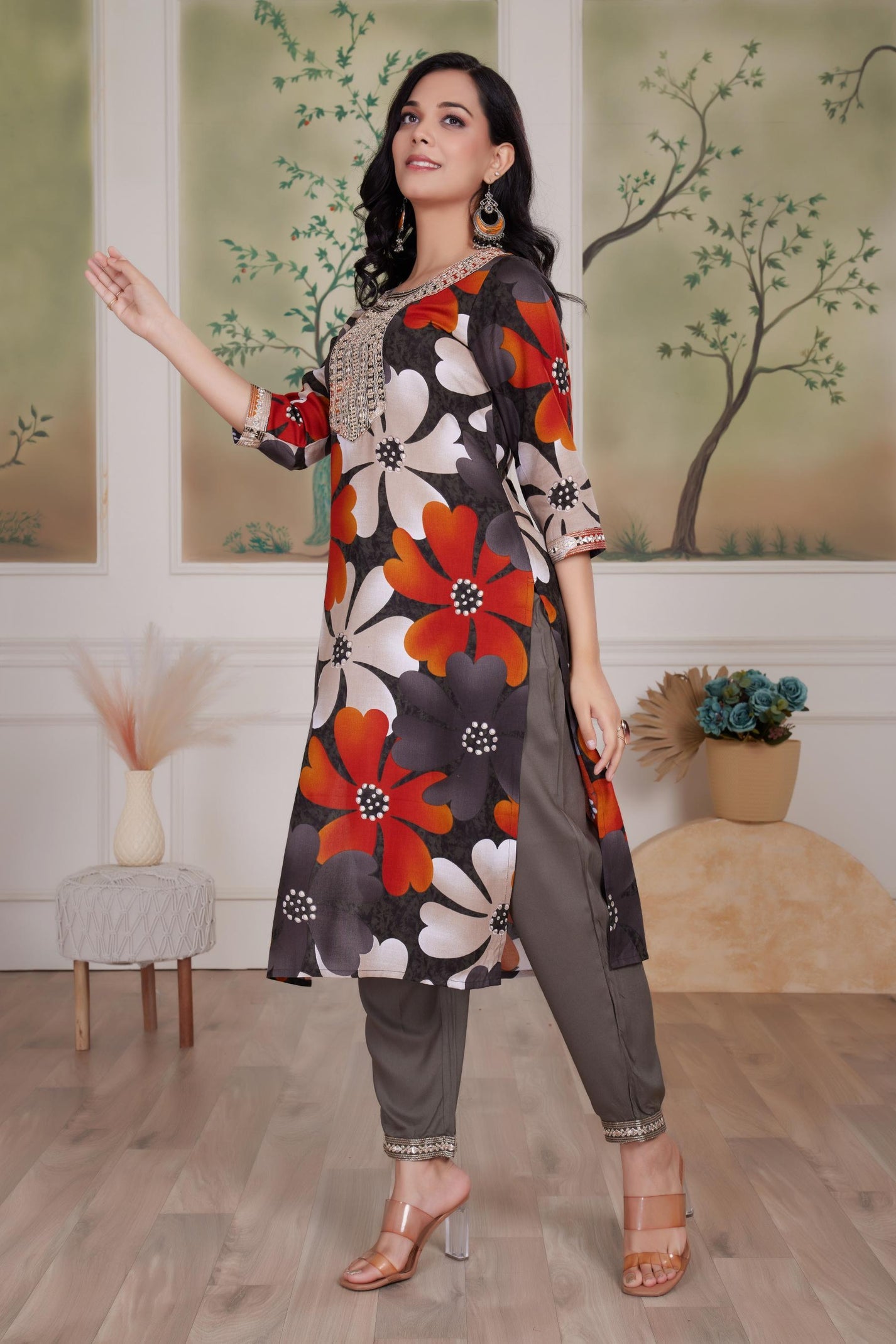 BulBul Roli Floral Printed Red & Grey Rayon Salwar Suit for Women | Elegant Ethnic Wear Set
