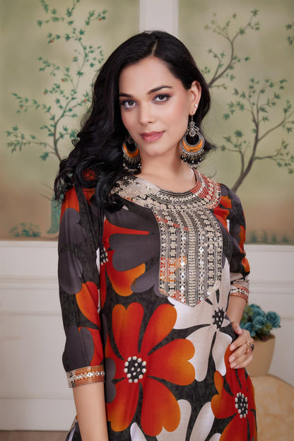 BulBul Roli Floral Printed Red & Grey Rayon Salwar Suit for Women | Elegant Ethnic Wear Set