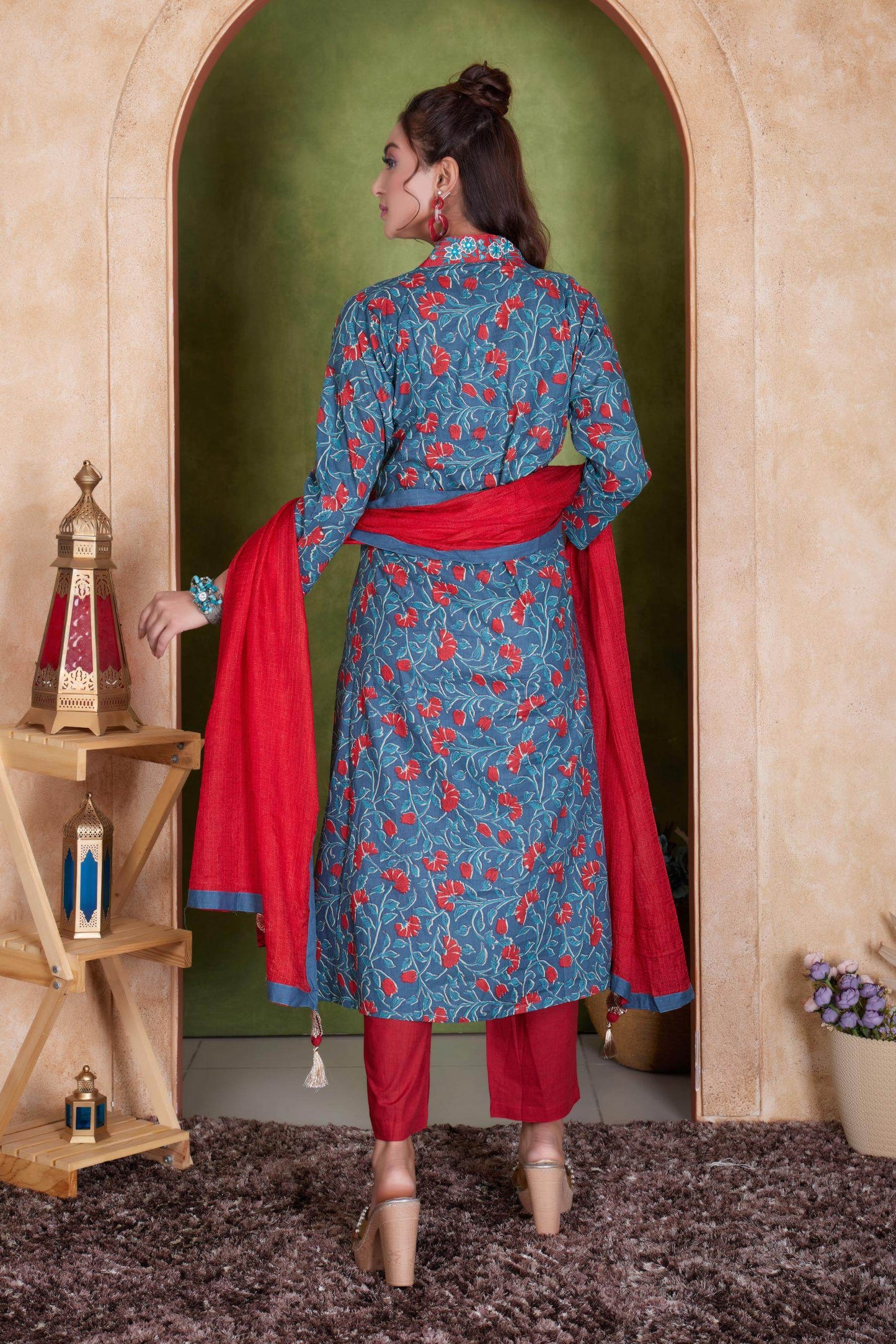 Anupriya Cotton Kurta Set for Women | Blue & Mustard with Dupatta