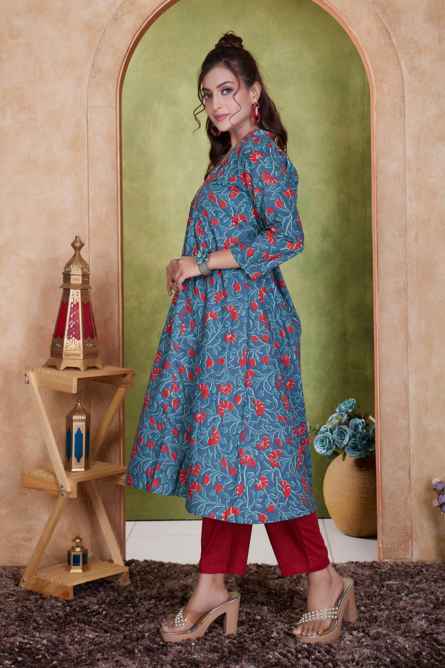 Anupriya Cotton Kurta Set for Women | Blue & Mustard with Dupatta