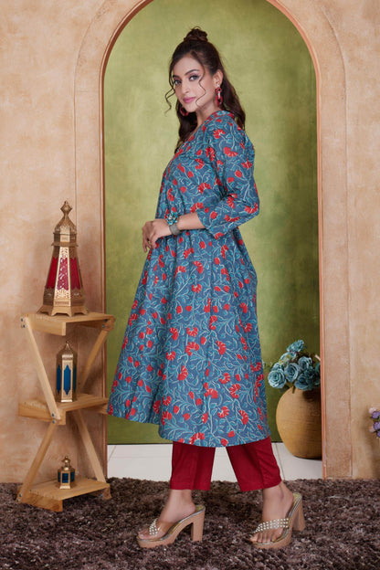 Anupriya Cotton Kurta Set for Women | Blue & Mustard with Dupatta