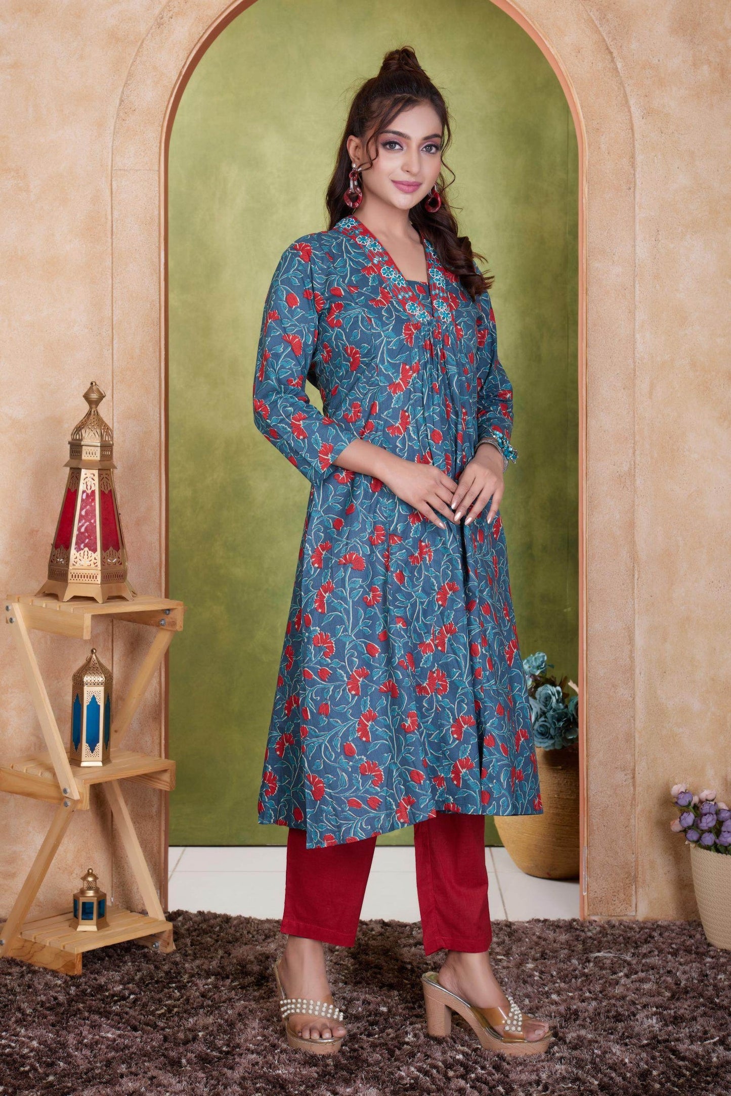 Anupriya Cotton Kurta Set for Women | Blue & Mustard with Dupatta