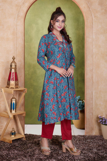 Anupriya Cotton Kurta Set for Women | Blue & Mustard with Dupatta