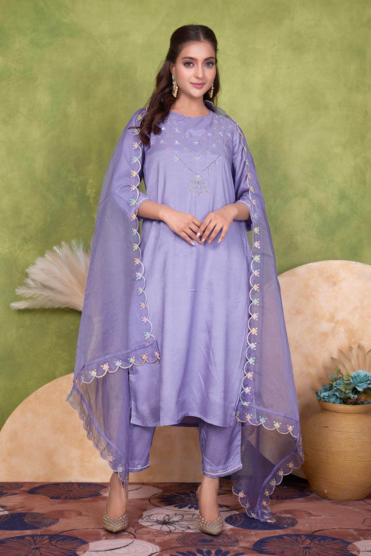 Roshni Muslin Yellow and Purple Kurta Set with Dupatta – Elegant Women’s Ethnic Wear Outfit