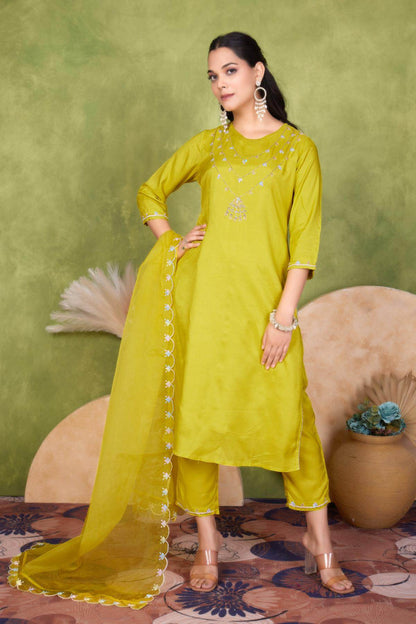 Roshni Muslin Yellow and Purple Kurta Set with Dupatta – Elegant Women’s Ethnic Wear Outfit