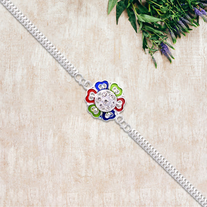 Silver Floral Rakhi With Multicolor Enamel And Stones - warehousetech13