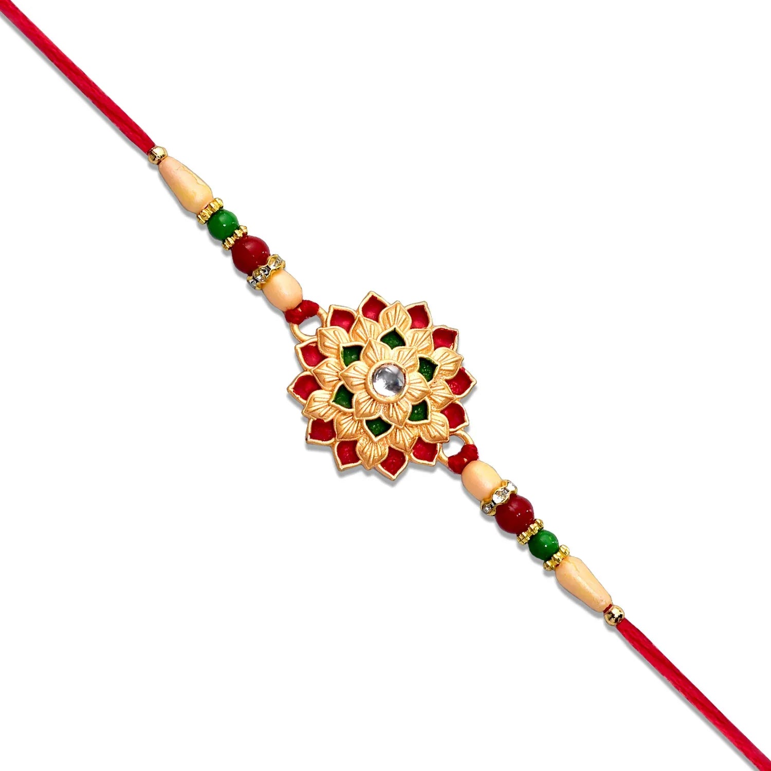 Designer Floral Rakhi With Beaded Strap Red Green Gold Accents - warehousetech13