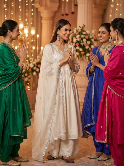 Luxury Ivory & Navy Pure Silk Kurta with Zari, Sequin, Pearl Embellished V-Neck