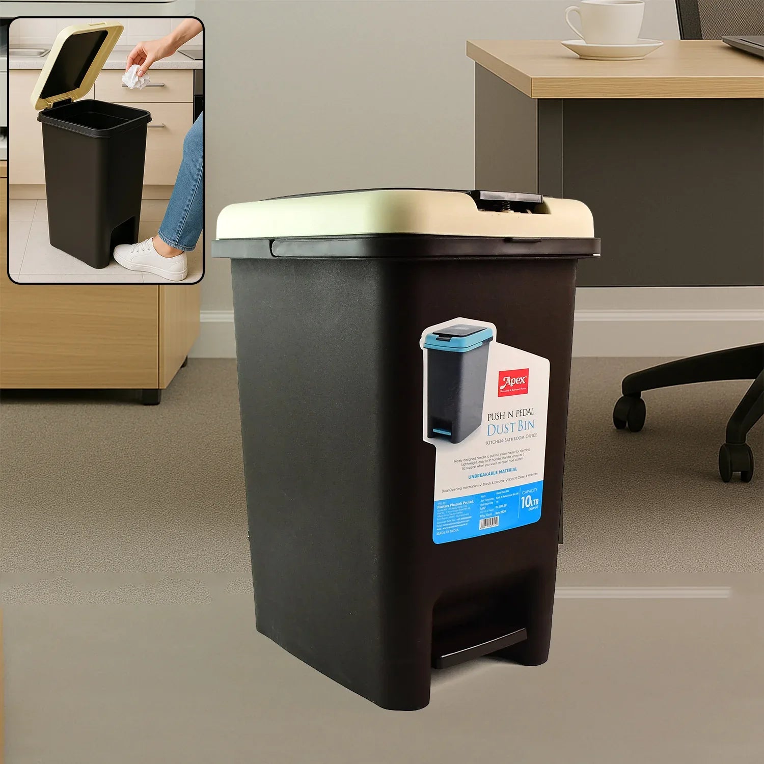 Apex Push N Pedal Plastic Dustbin 10l Capacity (1 Pc) - warehousetech13