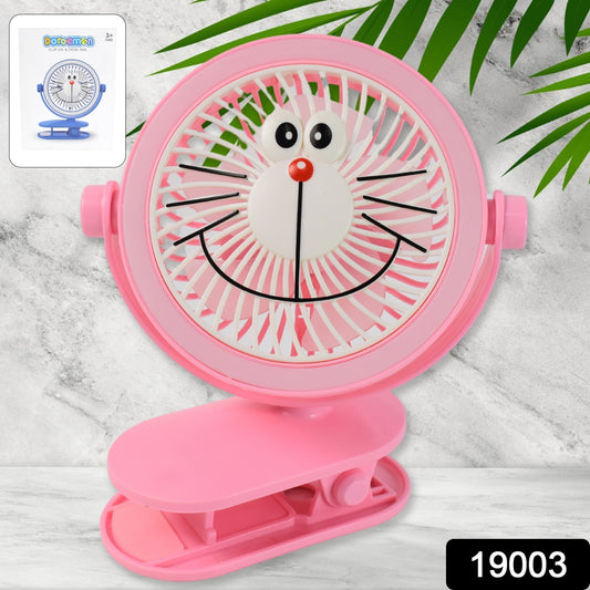 Pink Wukusy portable mini usb desk fan with a cute cartoon face design and clip base