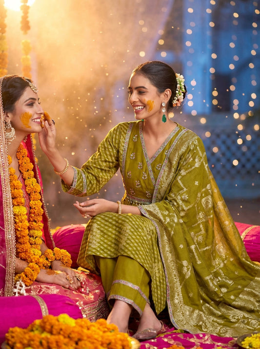 Rashmi Mehndi Green Chanderi Silk Suit Set with Beads, Sequins & Mul Lining