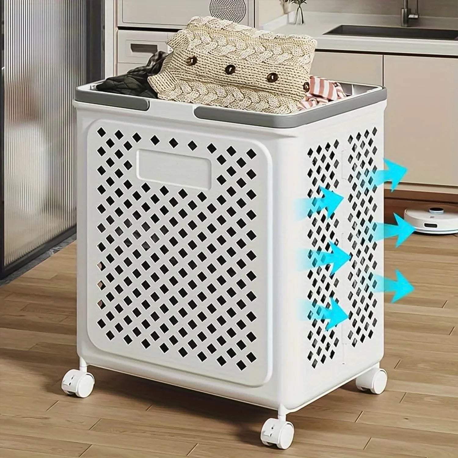 Large Foldable Laundry Basket With Wheels - warehousetech13