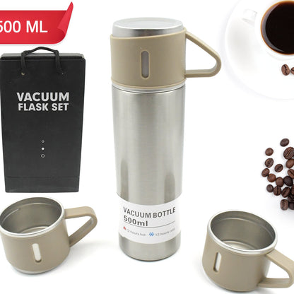 2834 Stainless Steel Vacuum Flask Set With 3 Steel Cups Combo For Coffee Hot Drink And Cold Water Flask Ideal Gifting Travel Friendly Latest Flask Bottle. (500ml) - warehousetech13