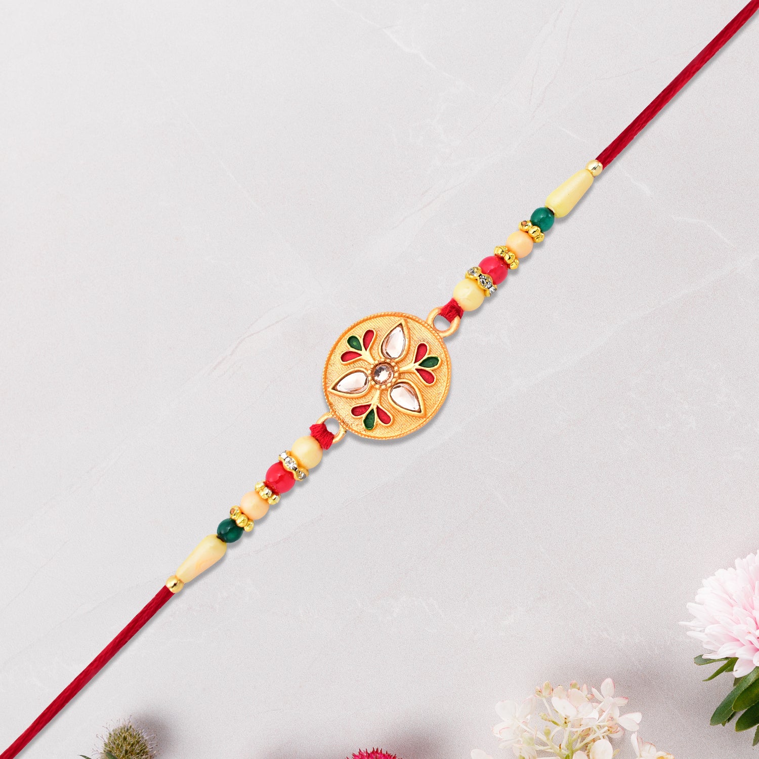 Sacred Kalash Design Rakhi With Embellished Beads And Red Thread - warehousetech13