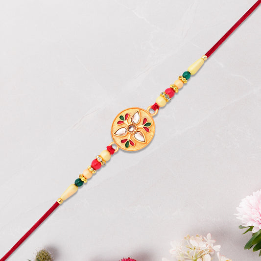 Sacred Kalash Design Rakhi With Embellished Beads And Red Thread - warehousetech13