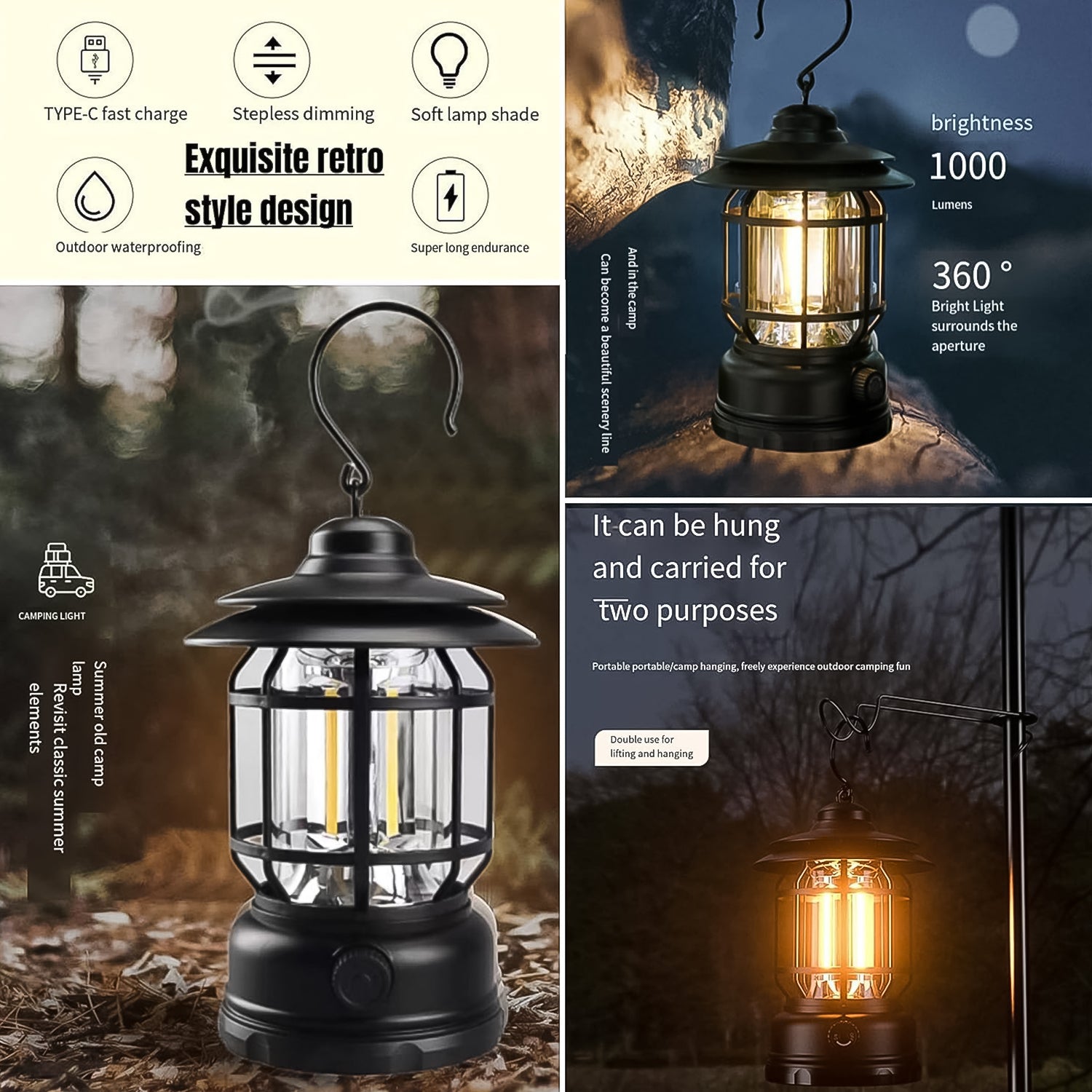 Led Camping Light Retro Style Lighting Battery Type-c Rechargeable (1 Pc) - warehousetech13