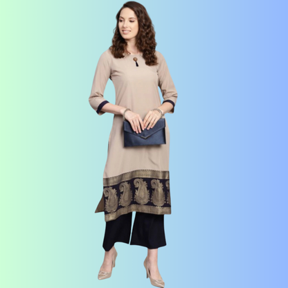 Women's Casual Kurti and Palazzo Set with 3/4 Sleeve in Paisley Design (Beige) - warehousetech13