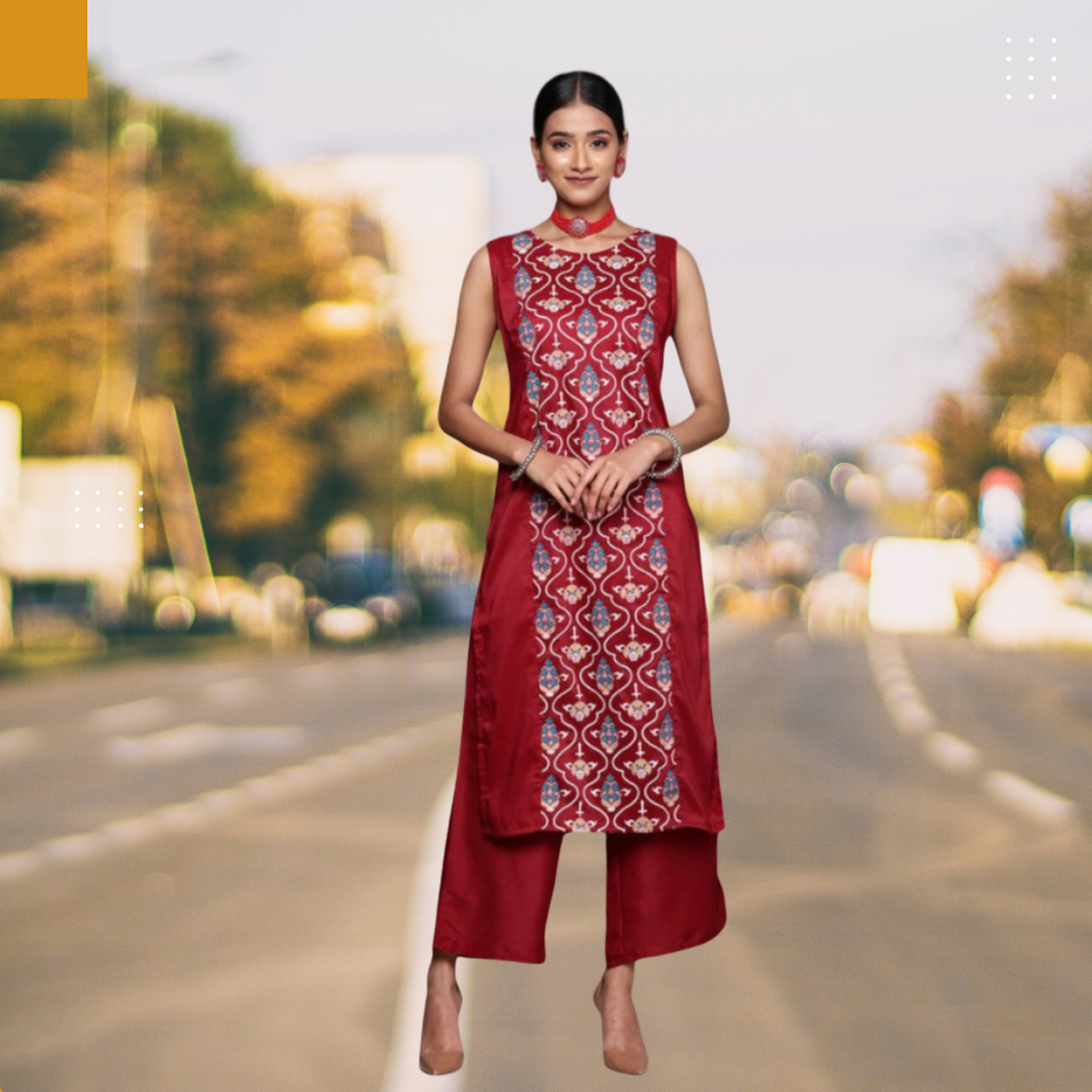 Women’s Casual Floral Printed Sleeveless Chinon Kurti with Palazzo Set (Maroon & Teal Blue)