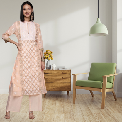 Women’s Casual Chanderi Cotton Kurti and Palazzo Set with 3/4 Sleeve Floral Print (Peach)