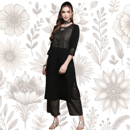 Women’s Casual Full Sleeve Kurti and Palazzo Set with Ethnic Designs in Crepe Fabric (Black & Dark Pink) - warehousetech13