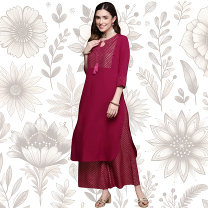 Women’s Casual Full Sleeve Kurti and Palazzo Set with Ethnic Designs in Crepe Fabric (Black & Dark Pink) - warehousetech13