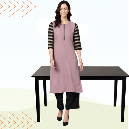 Women’s Casual 3/4 Sleeve Floral Print Crepe Kurti and Palazzo Outfit (Light Beige)