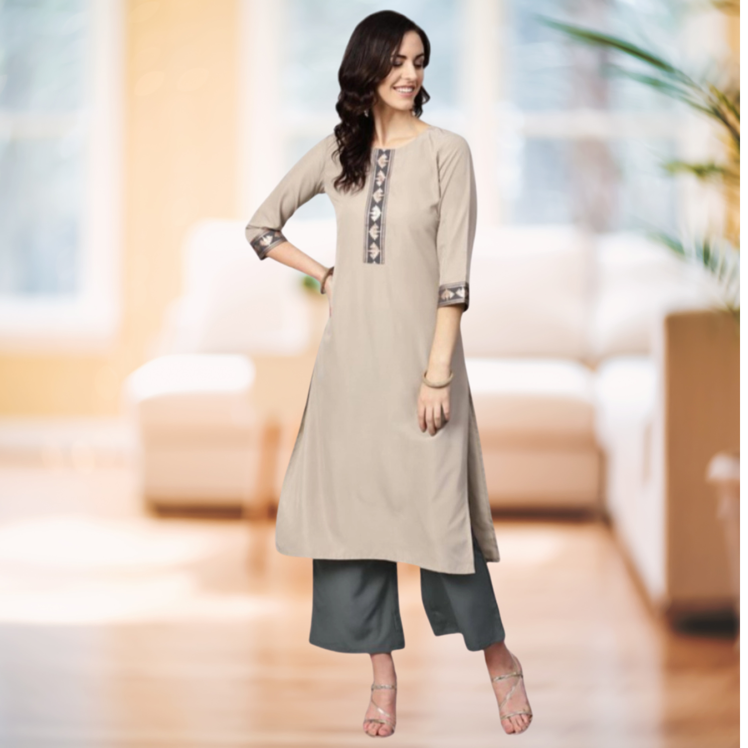 Ladies' Casual 3/4 Sleeve Floral Printed Crepe Kurti and Palazzo Set (Beige) - warehousetech13