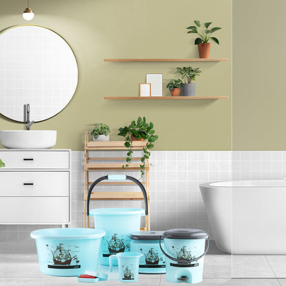 8701 Plastic Bathroom Accessories Set 6 Pcs Bath Set Bathroom Bucket With Dustbin Mug Stool Soap Casetub - warehousetech13