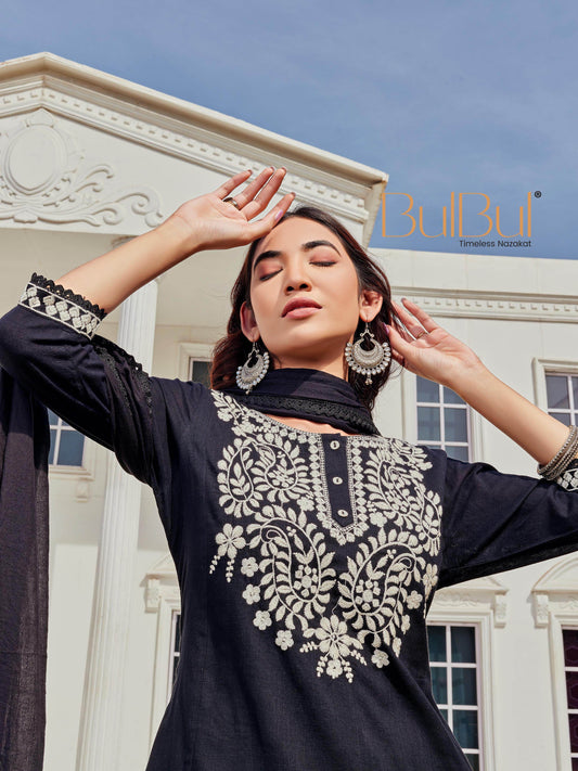 Samantha Black Cotton Kurta Set with Dupatta for Women