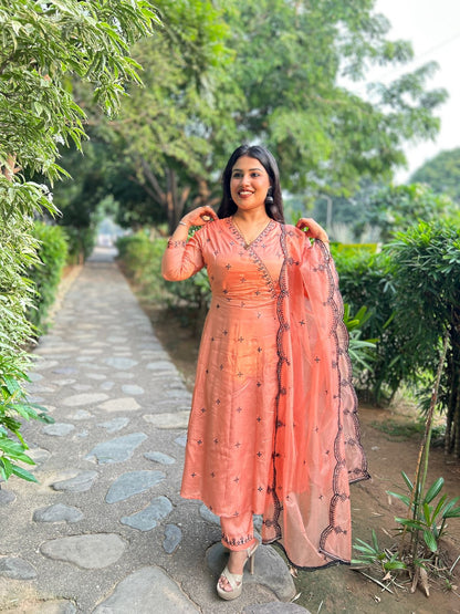 Ruqaiya Women's Purple & Peach Viscose Kurta Set with Dupatta - Elegant Ethnic Wear for Festive & Casual Occasions