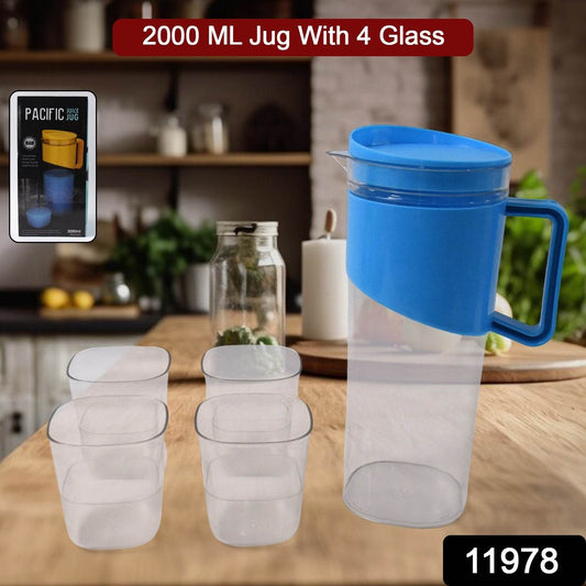 Transparent Stylish Premium Jug With Elegant Handle (2000 Ml Jug Approx 4 Pcs Plastic Glass) - warehousetech13