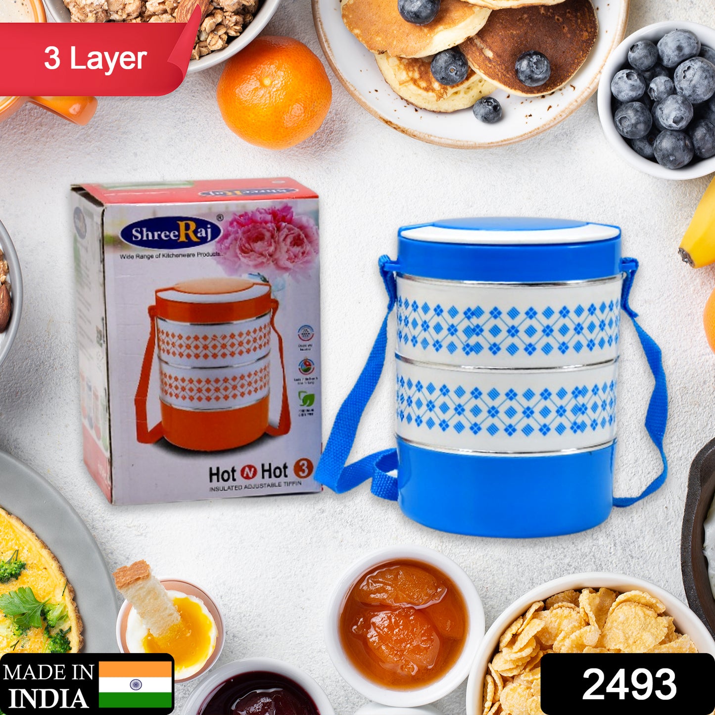 2493 3 Layer Adjustable Insulated Tiffin Set Of 1 Blue 3 Containers Lunch Box - warehousetech13