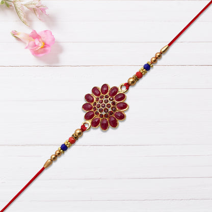 Red Floral Stone Rakhi With Bead Accents - warehousetech13