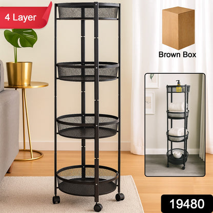 Round Metal Mesh Storage Organizer Rack,4-layer With Wheels (1 Pc)