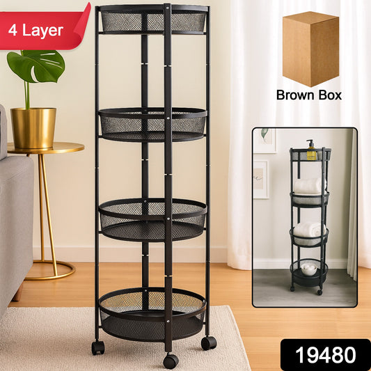 Round Metal Mesh Storage Organizer Rack,4-layer With Wheels (1 Pc)