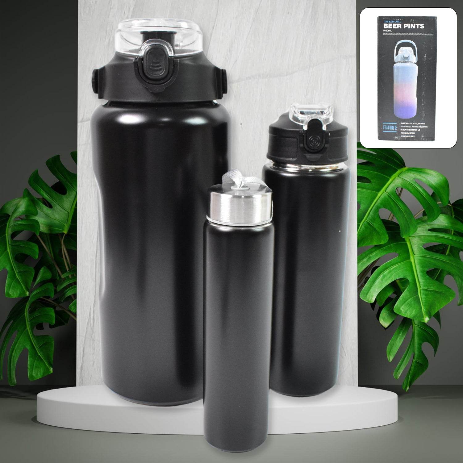 3 In 1 Stainless Steel Insulated Water Bottle Double Wall Vacuum (3 Pcs Set Different Size) - warehousetech13