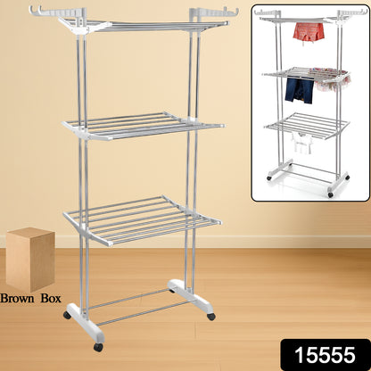 3-tier Foldable Stainless Steel Cloth Drying Stand With Wheels - warehousetech13