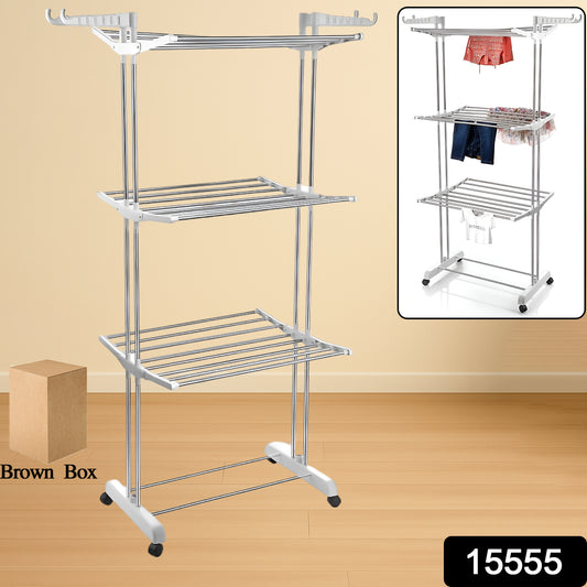 3-tier Foldable Stainless Steel Cloth Drying Stand With Wheels - warehousetech13