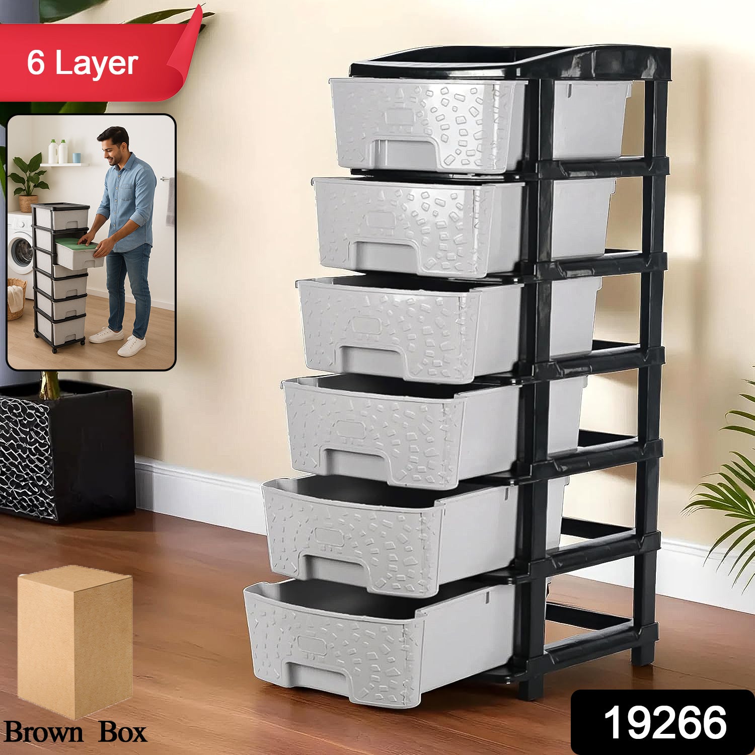 6-layer Heavy-duty Plastic Drawer Organizer Cabinet With Stone Texture Drawers - warehousetech13