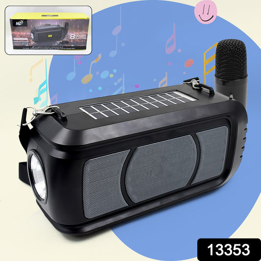 Wireless Bluetooth Speaker 5w High Bass With Wireless Mic Microphone Led Torch Solar Charging Support Usb Adjustable Strap (1 Set) - warehousetech13