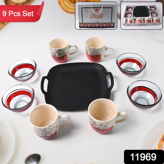 Healthy Choice Set Of 4pc Ceramic Cup And 4pc Glass Bowl With Plastic Plate (9 Pcs Set) - warehousetech13