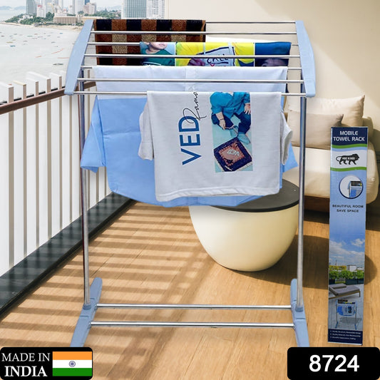 Multi-functional Single Tier Mobile Towel Foldable Rack For Cloth And Towel Stainless Steel And Plastic Made Mobile Towel And Cloth Rack Holder Indoor Outdoor Standing Movable Cloth Dryer Rack Balcony Cloth Drying Stand - warehousetech13